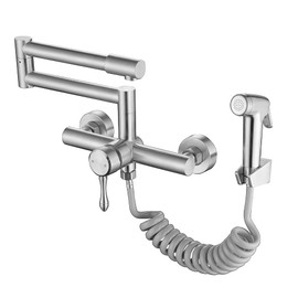 FLWUEUE Kitchen Faucet Wall Mount with Side Sprayer 8 Inch Center, Folding Design for Commercial Use, Stainless Steel Bar Tap, Lead-Free