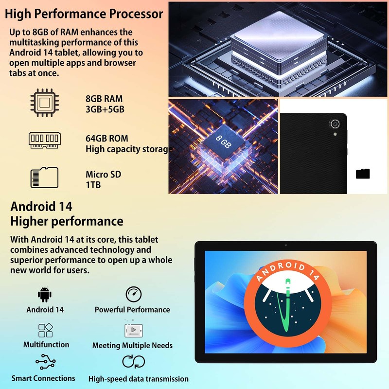 Android 14 Tablet, 10.1 inch Tablets with 1280 * 800