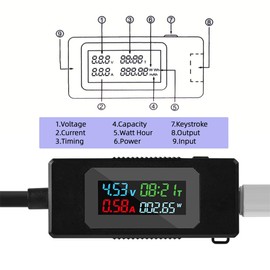 cablecc USB-C Tester Charger Detector Type-C Voltage Current Power Capacity Working Time Ammeter Voltmeter 4-30V 0-6.5A Digital Multimeter USB Cable