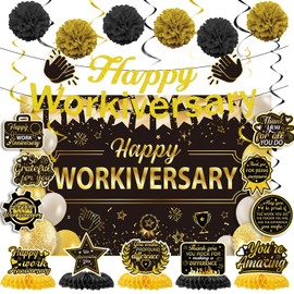 Lovarywow Happy Work Anniversary Decorations - 23PCS Glitter Happy Workiversary Banners Hanging Swirls Honeycomb Centerpieces Pompoms Backdrop, Office Appreciation Supplies Decor for Employee Worker