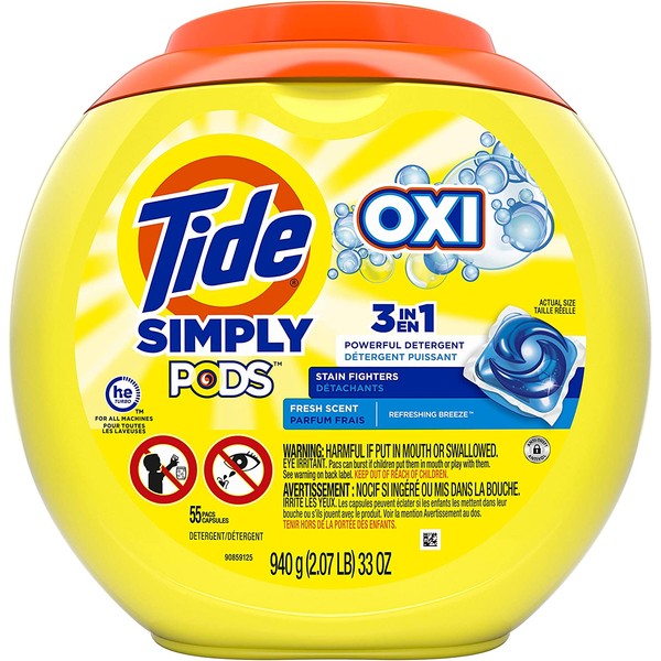 Tide Simply Pods +oxi Liquid Laundry Detergent Pacs Capsules, Refreshing Breeze, 55 Count, 30 ounces