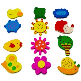 AKORD Lovely Toy Animal Coloured Wooden Cartoon Refrigerator Magnets For Children (Set of 12)