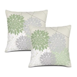 WOFOLE Sage White Green Pillow Covers 18x18 Inch Gray Dahlia Flower Print Throw Pillow Covers Outdoor Decor Linen Cushion Case for Home Living Room Sofa Couch Bed, Set of 2