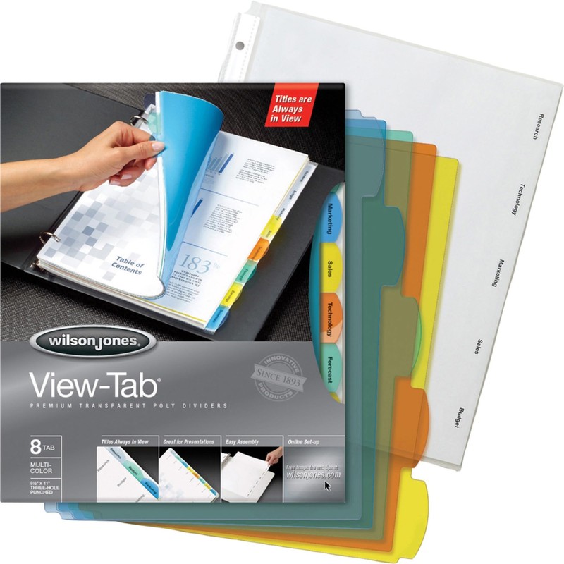 Wilson Jones View-Tab Transparent Dividers, 8 Square Tabs, Letter Size,