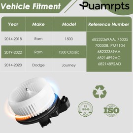 AC Heater Blower Motor Compatible with Ram 1500 2014-2018, Dodge Journey 2014-2020 - Replace# 68232369AA, 700308
