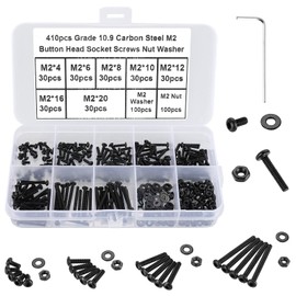 FandWay 410Pcs M2 Button Head Hex Socket Screws,10.9 Grade Alloy Steel Fully Threaded Machine Screws, Small Pan Head Internal Hex Screws Bolts Nuts and Washers Assortment Set With Wrenches(Black)