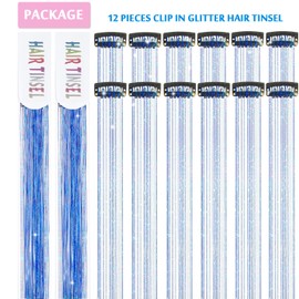 Nineibei 12Pcs Hair Tinsel Clip in 24Inch Glitter Tinsel Hair Extensions Kit Clip in Hair Tinsel Heat Resistant Sparkly Fairy Hair Accessories for Girls Women Kids (Sapphire Blue)