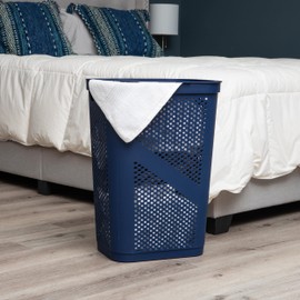 Mind Reader 60L Slim Laundry Hamper, Clothes Basket, Lid, Ventilated, Plastic, 17.25"L x 13.75"W x 23.5"H, Navy