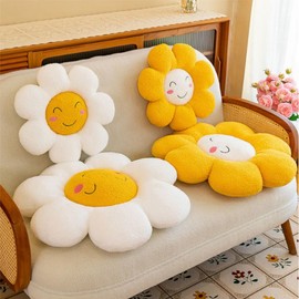 OUKEYI 15.7in /40cm Flower Floor Pillow Sun shaped smiling face Cushion Cute Seating Pad,Cute Sun flower Smiling Face Pillow Plush Toy Home Bedroom Shop Restaurant Decor (White)