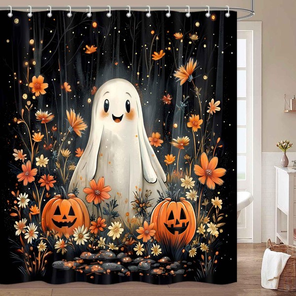 MDDGKH Halloween Ghost Shower Curtain, Autumn Pumpkin Floral Fall Bathroom