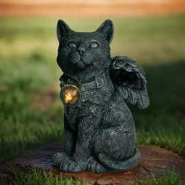 Dark Colored Hand-painted Winged Cat-shaped Resin Figurine Solar-Powered Light Decor Ornament for Home Garden with Animal ThemeColor: Gray, Size: One Size