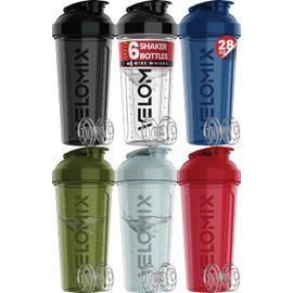 VELOMIX -6 PACK- 28 oz Protein Shaker Bottle for Protein Mixes -6x Wire Whisk | Leak Proof Shaker Cups for Protein Shakes | Large, Stackable Protein Shaker Bottle Pack