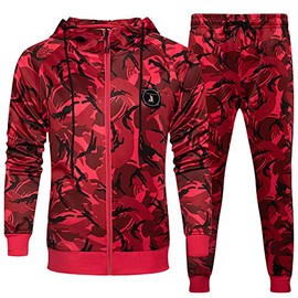 Men's Casual Hooded Tracksuit Set Long Sleeve Full-Zip Running Jogging Athletic Sweat Suits, Camo Red-2XL