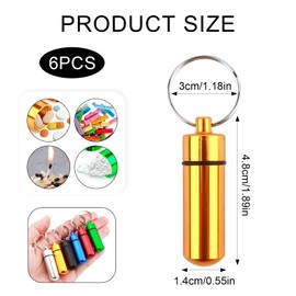 Pack of 6 Pill Box Key Ring Aluminium Alloy 14 x 48 mm Pill Box Small for On the Go Pill Box Metal Pill Box Waterproof Pill Box Small for Travel, Camping, Outdoor (6 Colours)