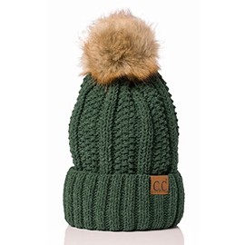 C.C Thick Cable Knit Faux Fuzzy Fur Pom Fleece Lined Skull Cap Cuff Beanie, Chenille Teal Green
