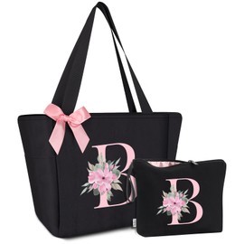 Vavabox 2 Pcs Gift Set Initial Tote Bag&Letter Makeup Bag,Gifts for Women&Bridemaid,Ideal for Wedding&Birthday(B, Black)