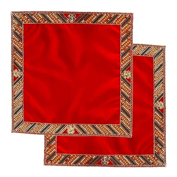NAISHA - Tapete de terciopelo para puja/altar, diseño rojo de Pooja Aasan (juego de 2) 15 x 15 pulgadas, diseño de roja, decoración multiusos Pooja que mantiene los accesorios del templo, Chowki, artículo de losa