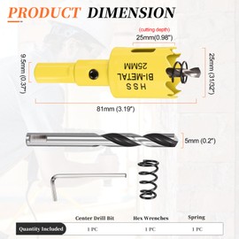 METALLIXITY Bi-Metal Hole Saw Kit 25mm (31/32"), M42 High Speed Steel Hole Cutter with Center Drill Bit, Hex Key and Spring - for Metal Sheet, Wood, Plastic Plate and PVC Board, Yellow