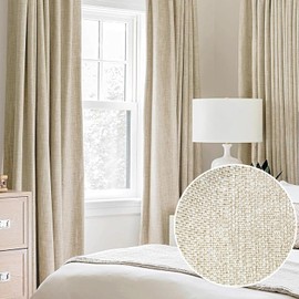 Natural Faux Linen Textured Full Blackout Curtain Panels for Bedroom/Living Room, Rustic Farmhouse Burlap Textured Look Thermal Insulated Window Panel Drapes 52"x63"x2 Beige/Ivory