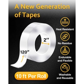 Double Sided Tape Heavy Duty, Two Sided Clear Hanging Tape (2" Width/10 Ft Long) Clear Mounting Tape for Carpet/Wall, Removable Strong Sticky Adhesive Strips, Picture Hanging Sticky Decor Carpet Tape
