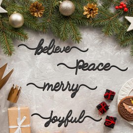 Christmas Cutouts Wood Table Place Card Believe Merry Peace Joyful Wood Word Holiday Place Settings for Christmas Thanksgiving Plate Decor Table Decorations (Black, 4)