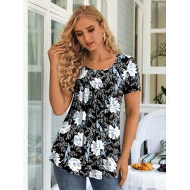 LONGYUAN Short Sleeve Tunics Loose Fit Casual Tops for Women Summer Hide Belly Comfy Shirts Blouse Fl Small White Lily