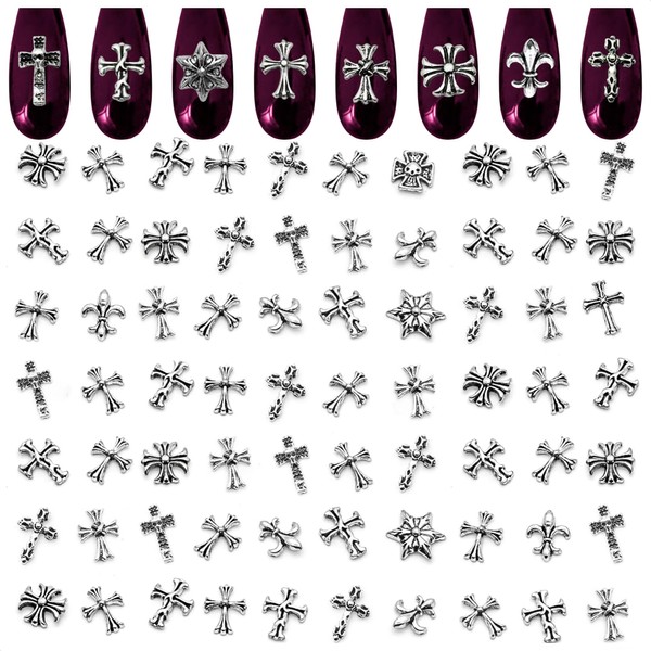 Cross Nail Charms for Acrylic Nails - 100Pcs 3D Nail Art Mini Chrome Cross Nail Charm Nail Gems Punk Nails Metal Charms - Skull Charms Heart Nail Art Gothic Croc Charms Nail Art Supplies DIY Charms