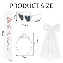 4 Stück JGA Accessoires Frauen, Bride to Be Weiß Schärpe Schleier, Junggesellenabschied Herz Sonnenbrille Perle, Silbrig Bride Haarreif, JGA deko Frauen für Bachelorette Party Hochzeit Fotorequisiten