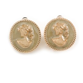Round Cream/Beige Enamel Cameo Motif Clip On Earrings in Gold Tone - 20mm D