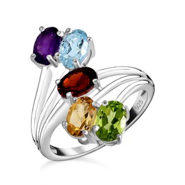 TJC Multicolour Gemstones Friendship Bypass Ring in 925 Sterling Silver with Citrine and Garnet for Women and Girls Size Q