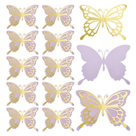 AHANDMAKER 12Pcs Large Butterfly Party Decoration, Paper Butterfly Stickers, 3D Butterfly Wall Decor Double Butterfly Stickers for Birthday Party Nursery Bedroom Wedding Decorations, Golden and Purple