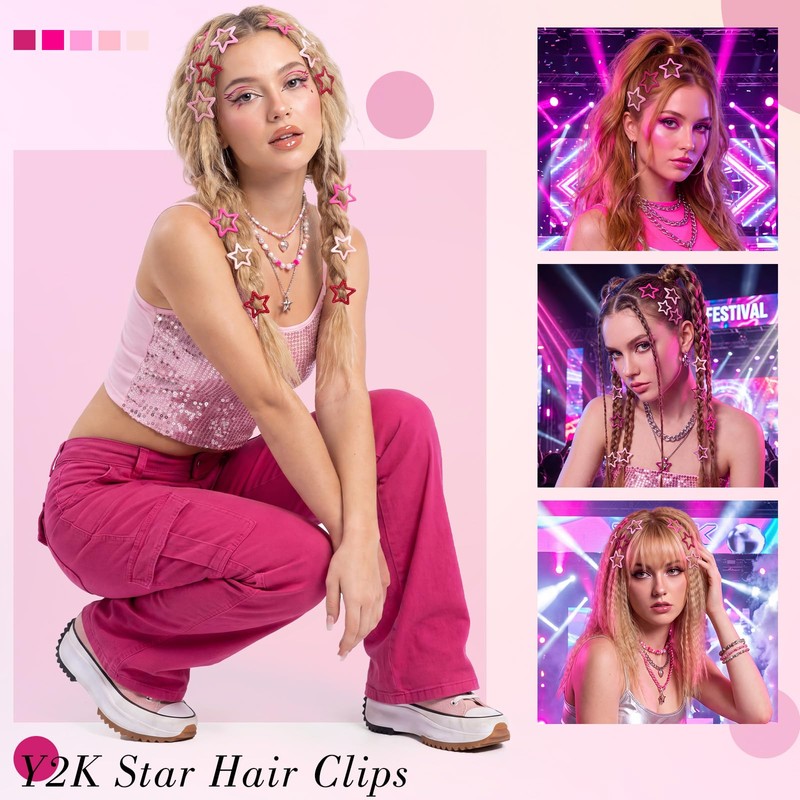 40Pcs Pink Star Hair Clips, Y2k Star Barrettes for Teens
