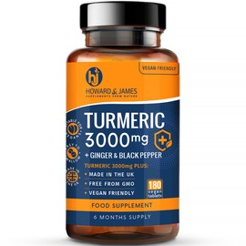Turmeric 3000mg High Strength Supplement with Black Pepper and Ginger - 180 Vegan Tablets (Not Capsules) - Turmeric with Active Ingredient Curcumin - Made in The UK by Howard & James