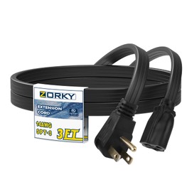 Zorky 3 ft Flat Plug Black Extension Cord，14/3 SPT-3 Heavy Duty Appliance Extension Cord-Extension Cable with 3 Prong Grounded Plug for Safety - for Appliance,Refrigerator, Space Heater
