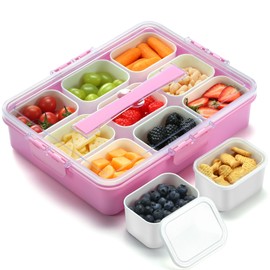 Snackle Box Container for Adults with 9 Compartment, Divided Serving Tray Snack Box Containers with Lid and Handle, Charcuterie Boxes Portable Snack Platter for Fruit Veggie Party Travel, Pink