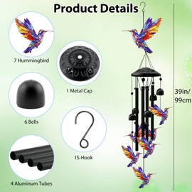 Hummingbird Wind Chimes for Outside, Metal Memorial Decor, Durable Garden Yard Patio Wind Chime, Hummingbird Gifts for Women Men, Ideal for Housewarming Birthday Front Yard Decoration