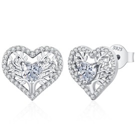 LAVUMO Earrings 925 Silver, Hypoallergenic Tree of Life Heart Earrings Women, 5A Zircon Birthstone Jewellery, Ideal Birthday Gift for Women, Girlfriend, Mum, Valentine's Day, Mother's Day, Christmas,