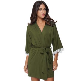 The Bund Women's Short Sleepwear Modal Cotton Knit Robe with Lace Trim Olive XL