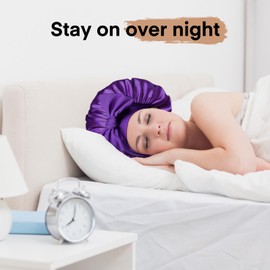 Arqumi 2 Pcs Satin Silk Bonnet for Sleeping Women, Long Strap Tie Band Adjustable Sleep Night Cap Curly Hair Bonnet Wrap for Men, Black+ Purple(Medium)