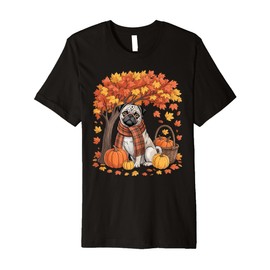 Pug Fall Scarf Pumpkin Autumn Leaves Thanksgiving Premium T-Shirt
