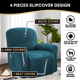 PrinceDeco Recliner Chair Cover Velvet Stretch Recliner Couch Covers 4-Pieces Style Recliner Chair Covers Recliner Cover for Reclining Chair Slipcovers Feature Non Slip Form Fitted,Deep Teal