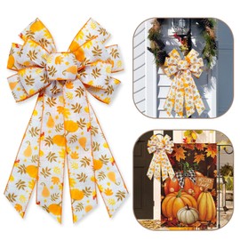 Threetols Large Fall Bow for Wreath, Autumn Orange Harvest Wreath Bows Maple Leaf Pimpkin Bow for Front Door, Farmhouse Ornament Tree Topper Bows for Thanksgiving Indoor Outdoor Decoration