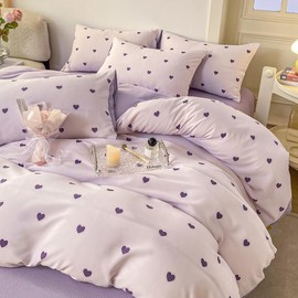 Nyescasa Bed Linen 135 x 200 cm 2-Piece Purple Hearts Bed Linen Set Girls Heart Pattern Reversible Bed Linen Kids Soft Microfibre Duvet Cover with Zip and Pillowcase 80 x 80 cm