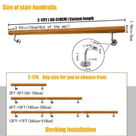 EUSAMFC Wooden Stair Handrail,4FT Round Safety Non-Slip Stair Railing, Wall Mount Handrail Pine Handrails Support Rod Complete Kit, for Bars Lofts Kindergarten Guardrail Corridor