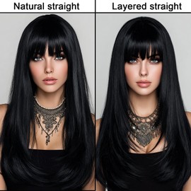 EssionTech Black Wig With Bangs Long Wavy Straight Wig with Layered Hair Synthetic Heat Resistant Wigs for Women Daily Party Use 26 Inches