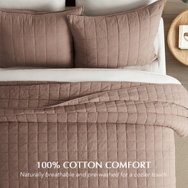 EVERGRACEHOME 100% Cotton Box Stitch Quilt Bedding Set King Size 3 Pieces, Garment-Washed Lightweight Soft Cozy Coverlet, Oversized Quilted Bedspread Sets with 2 Shams for All Season, Clay