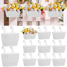 Rtteri 20 Pcs Metal Iron Railing Fence Planters Pots White 10.8 Inch Hanging Flower Pots Plant Holder with Detachable Hook for Garden Home Wall Decor