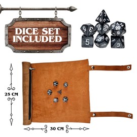 Power Beast Dungeon Dice Mat, Scroll Style, Roll-Up with Dice Storage + 7 Role Play Dice, with Polyhedral Dice Set, Dice Plate, Dungeons and Dragons, D&D (Brown)