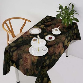 Black Floral Tablecloth, Rustic Vintage Watercolor Botanical Rose Peony Gothic Leaves Plant Table Cover for Party Picnic Dinner Decor 55x75in