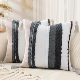 decorUhome Boho Decorative Throw Pillow Covers 18x18 Set of 2, Striped Chenille Tufted Pillow Covers with Tassels for Couch Bed Sofa, Cream White and Dark Grey